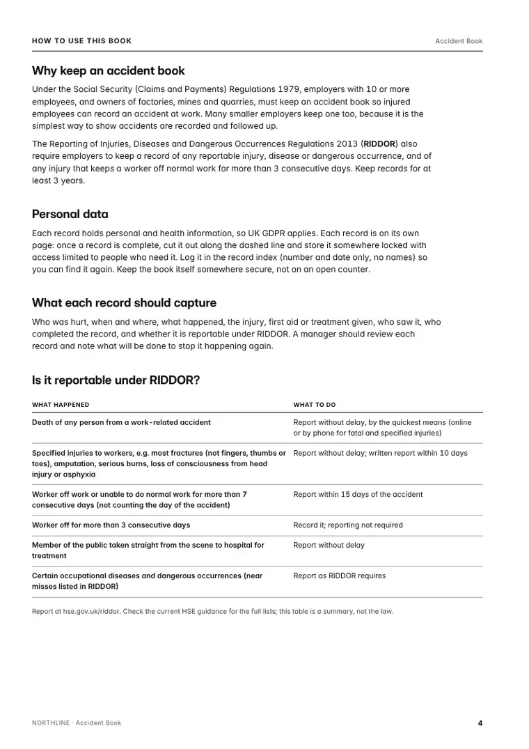 Guide page from the Accident Book