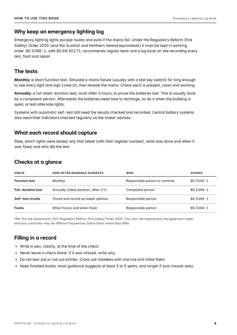 Guide page from the Emergency Lighting Log Book