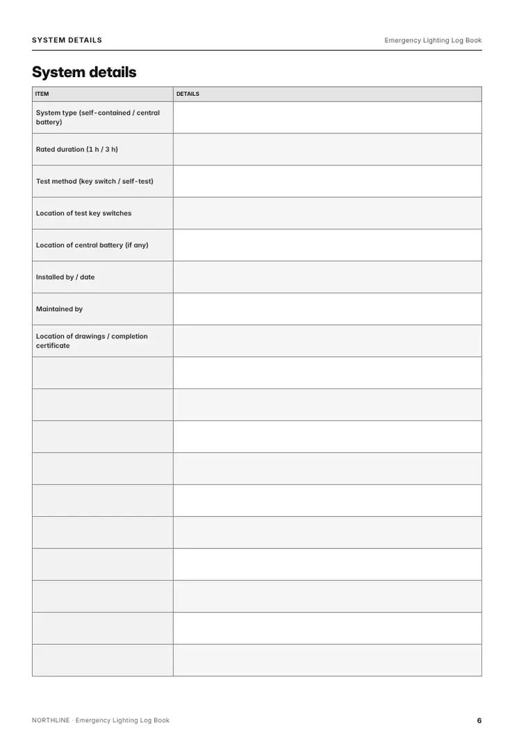 Record page from the Emergency Lighting Log Book