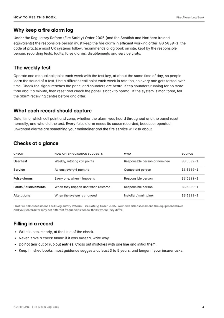 Guide page from the Fire Alarm Log Book