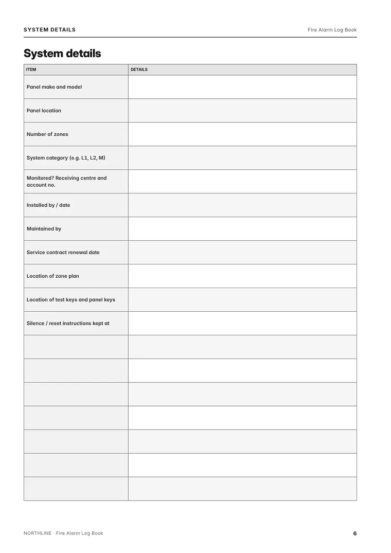 Record page from the Fire Alarm Log Book