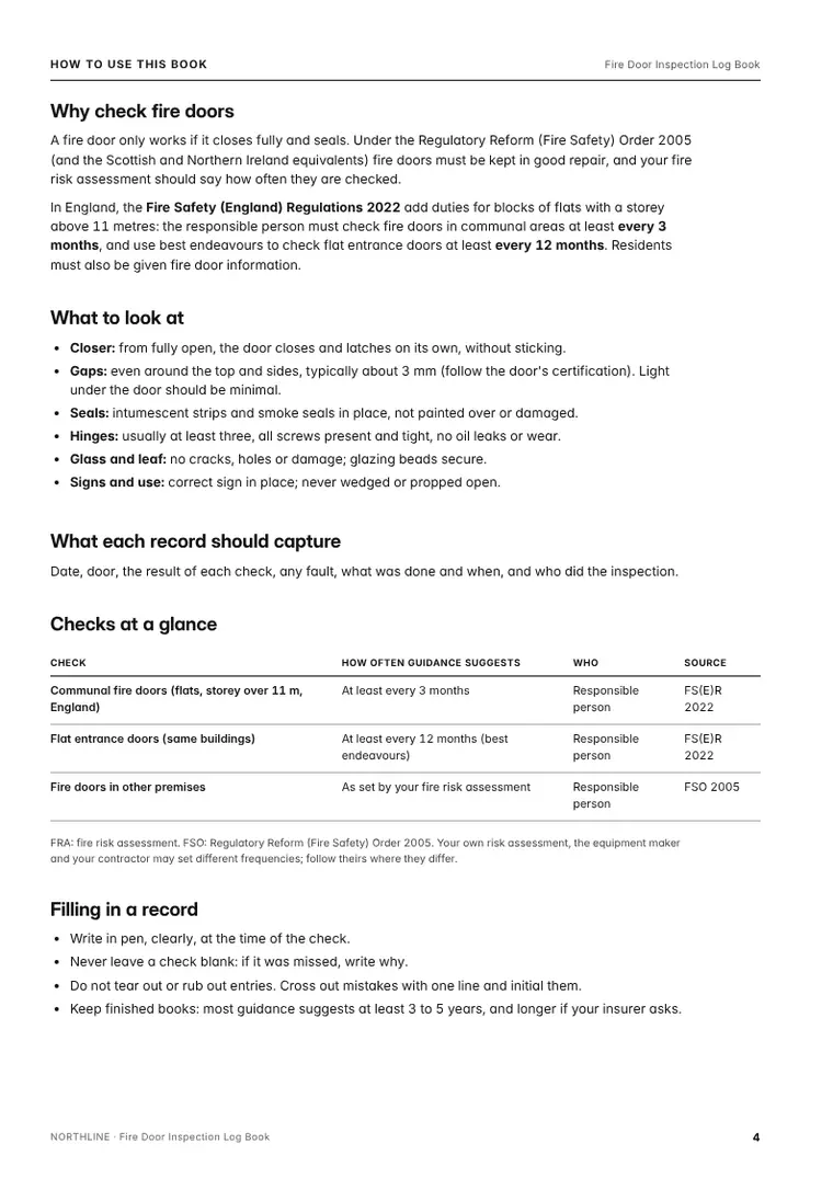 Guide page from the Fire Door Inspection Log Book