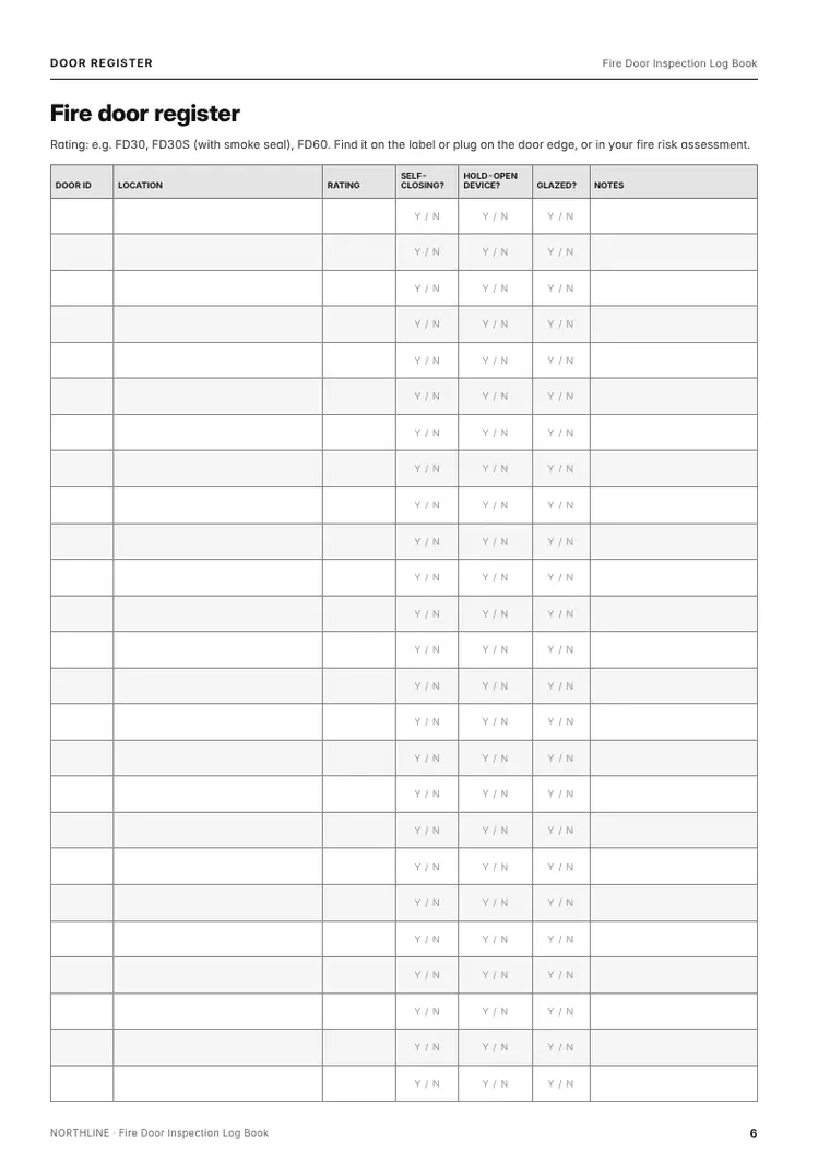 Record page from the Fire Door Inspection Log Book