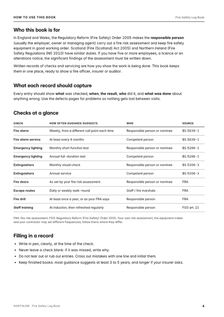 Guide page from the Fire Safety Log Book