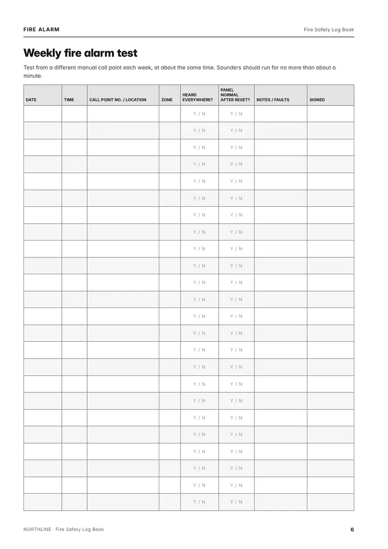 Weekly fire alarm test page from the Fire Safety Log Book