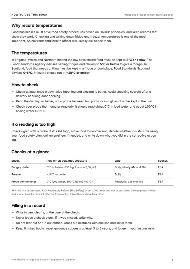 Guide page from the Fridge and Freezer Temperature Log Book