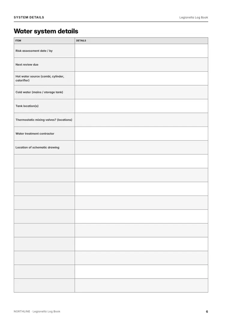 Record page from the Legionella Log Book